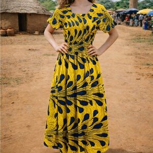Elegant Yellow and Blue Maxi Dress